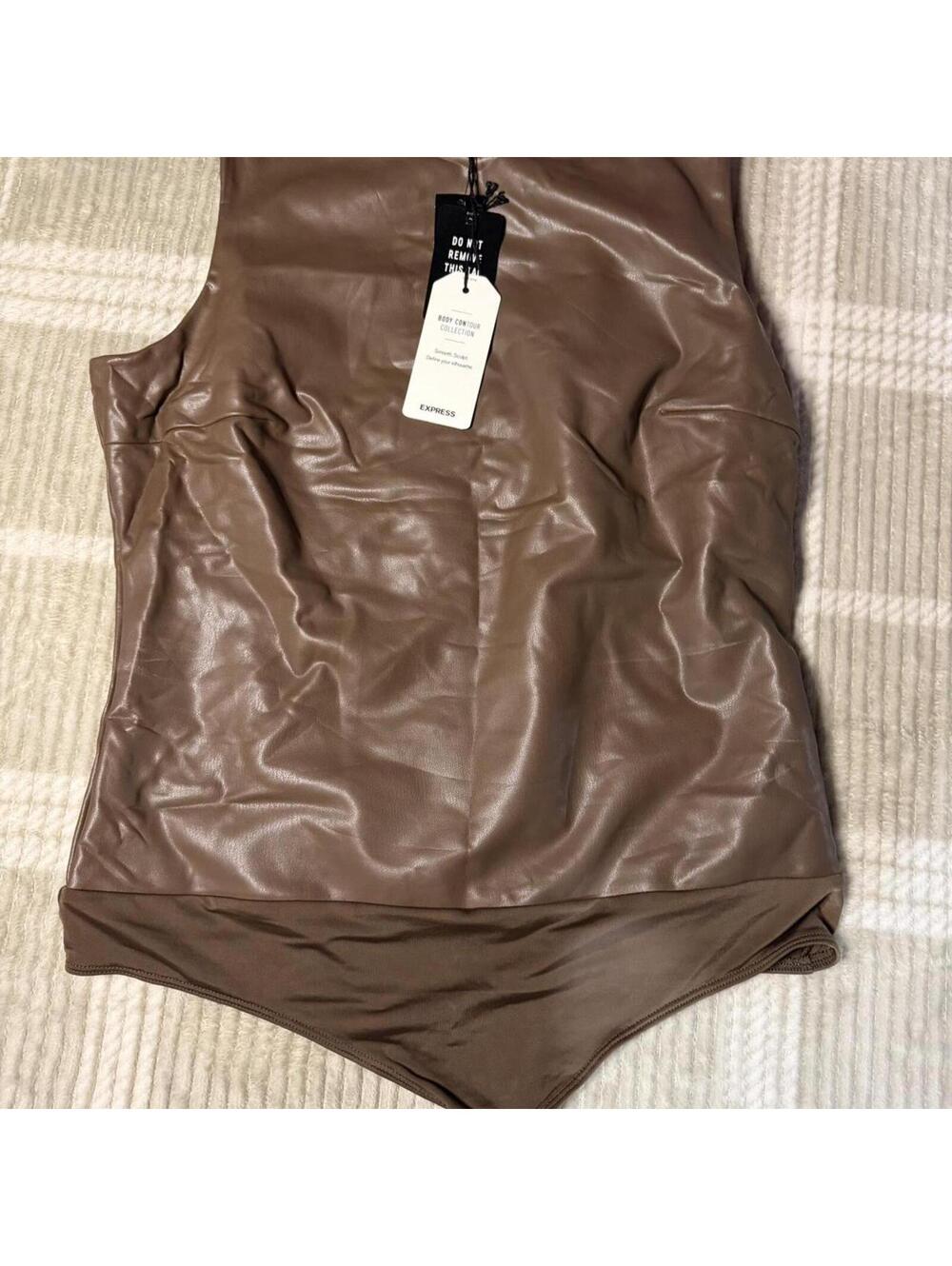 Express Brown faux leather bodysuit with tie detail, Size L #bodysuit